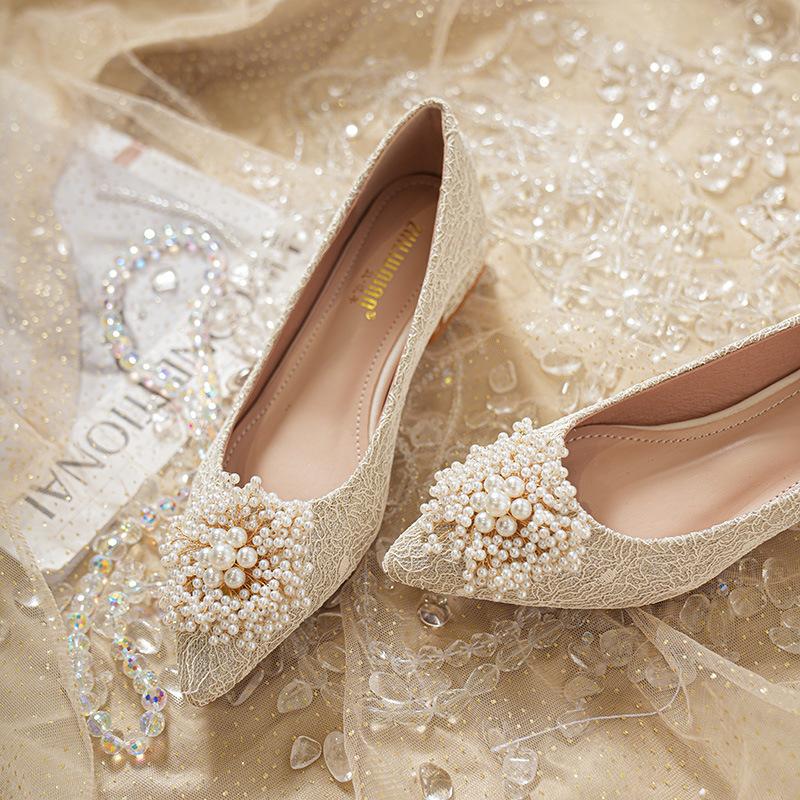 New Shoes for Women Low Heels Pumps Sweet Pearl High Heels Shoes Girl Pointed Toe Dress Shoes