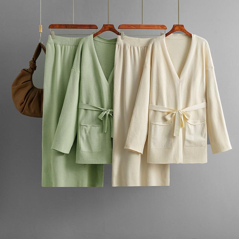 A Two-piece Fashion Suit for Women's Autumn and Winter, Featuring A V-neck Loose Knitted Lace-up Cardigan, Jacket and Skirt