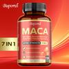 Maca-Wurzelkapseln, die eine Mischung aus Tribulus terrestris und Ginseng enthalten, steigern die Energie und fördern die Leistungsfähigkeit.