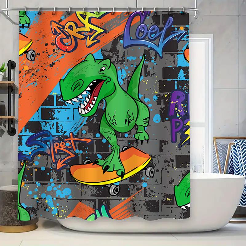 

Декор для детской комнаты Занавеска для душа с динозаврами Скейтбординг Граффити Стиль Рисунок Синий Зеленый Оранжевый Черный Дизайн Водонепроницаемая Ткань 90x180cm