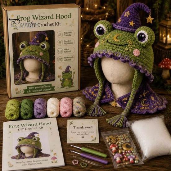 Handmade Fantasy Headwear Hood Crochet Kit, Cute Animal Hat DIY Dragon Unicorn Cat Ear Knitting Project Skull Earflap Craft Kit for Adults, Halloween