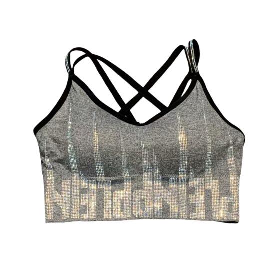 Women's Rhinestone Padded Sports Bra Seamless Cami Cropped Tank Top Crisscross Back Shiny Workout Bra