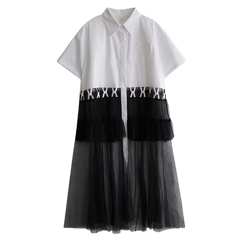 

XITAO Patchwork Mesh Contrast Color Dress ZMY1072 One Size белый