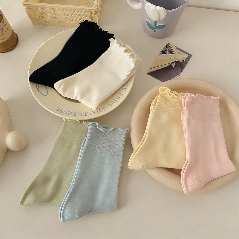 Women's Pure Cotton Ruffle Cuff Socks, Candy Colors, Anti-Odor, Sweat-Absorbing