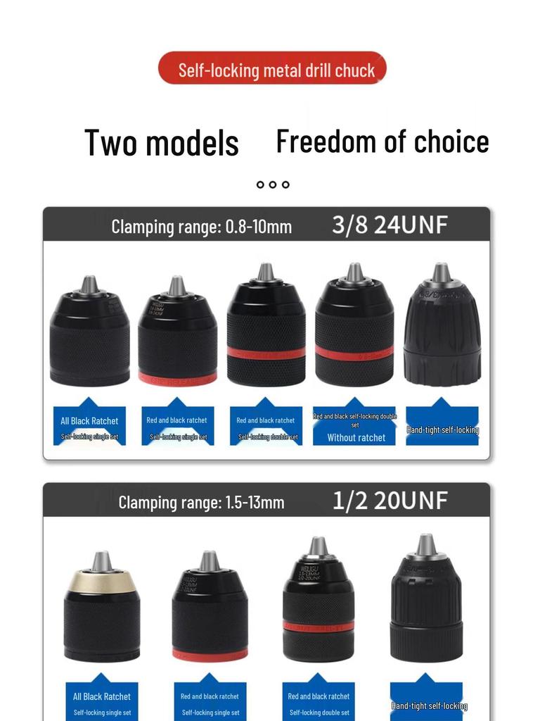 Samozamykający uchwyt wiertarski z zapadką do wiertarki elektrycznej 1,5-13 mm, szybkozłączka do wiertarek ręcznych, konwersja 0,8-10, 20/24UNF
