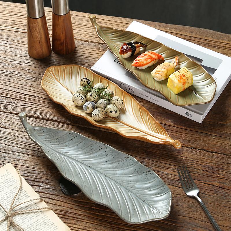 Leaf Stoneware Plate Delicate Barbecue PlateVintage Shaped Ceramic Strip Plate Commercial Sushi Plate
