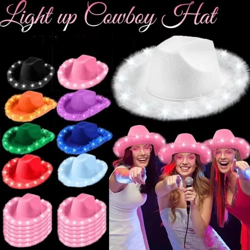 Wide Brim Light Up Western Cowboy Hat Furry Trim Costume Hat LED Cowboy Hat Performance Costume