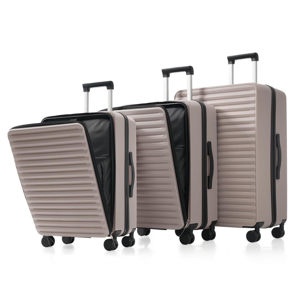 Zestaw walizek 3-częściowy Twarda skorupa, rozszerzalny, Wózek Otwieranie z przodu, Zamek TSA, 4x Kółka 360°, Uchwyt teleskopowy, Składany uchwyt na kubek, Antyczny szary
