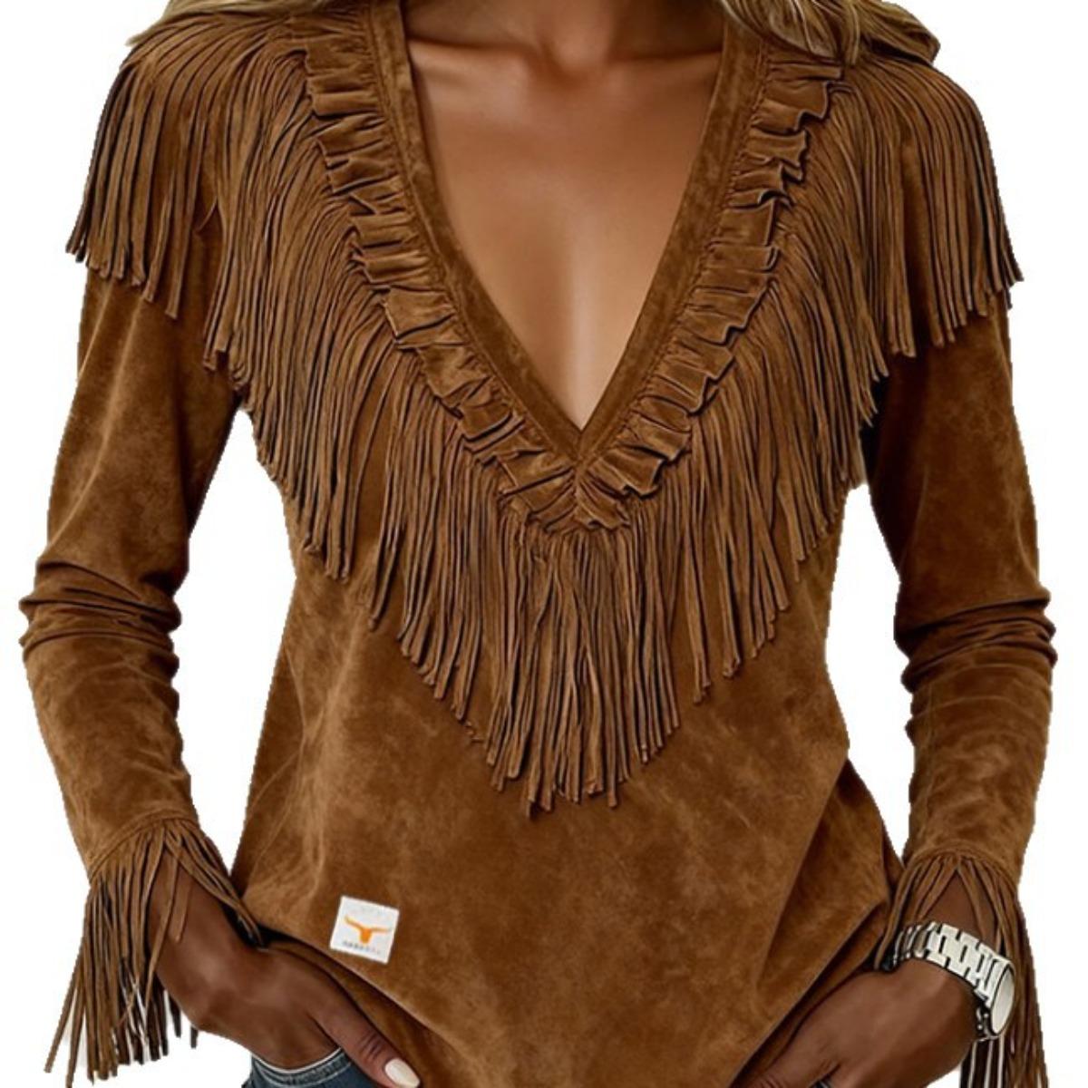 

New Style, Tassel, Top, V-neck, Fashionable, Slim Fit, Outerwear, Women s S темно-коричневого