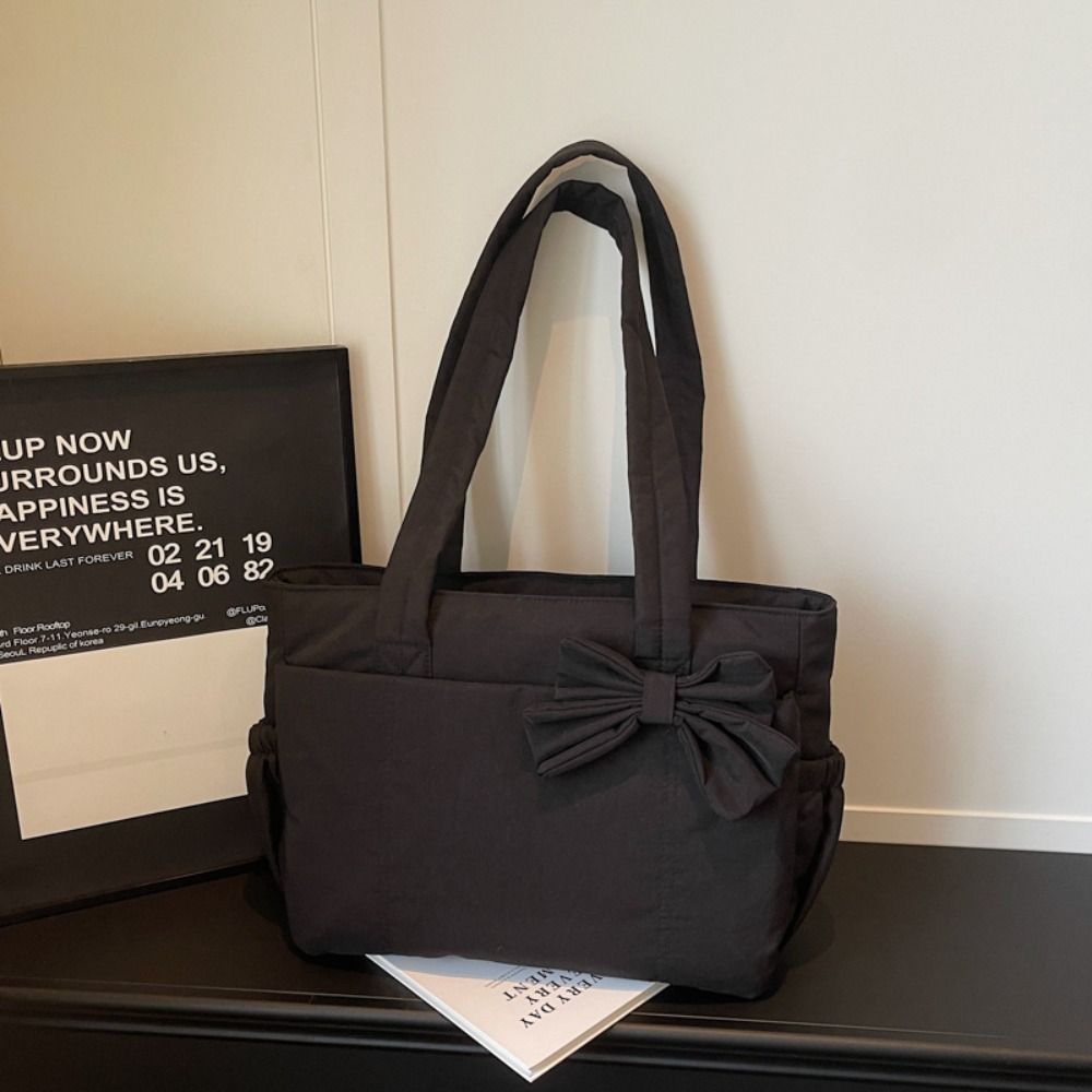 Korean Style Bow Tote Bag Large Capacity Nylon Handbag Cotton Padded Shoulder Bag  Girls