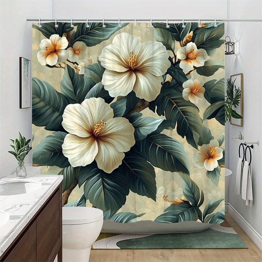 1Pc Cream Hibiscus Flower And Green Leaves Shower Curtain, Polyester Fabric, Machine Washable, Suitable For Bathroom Decoration