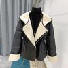 European Station suit collar leather down splicing lamb wool loose and thin hooded down jacket women's short winter