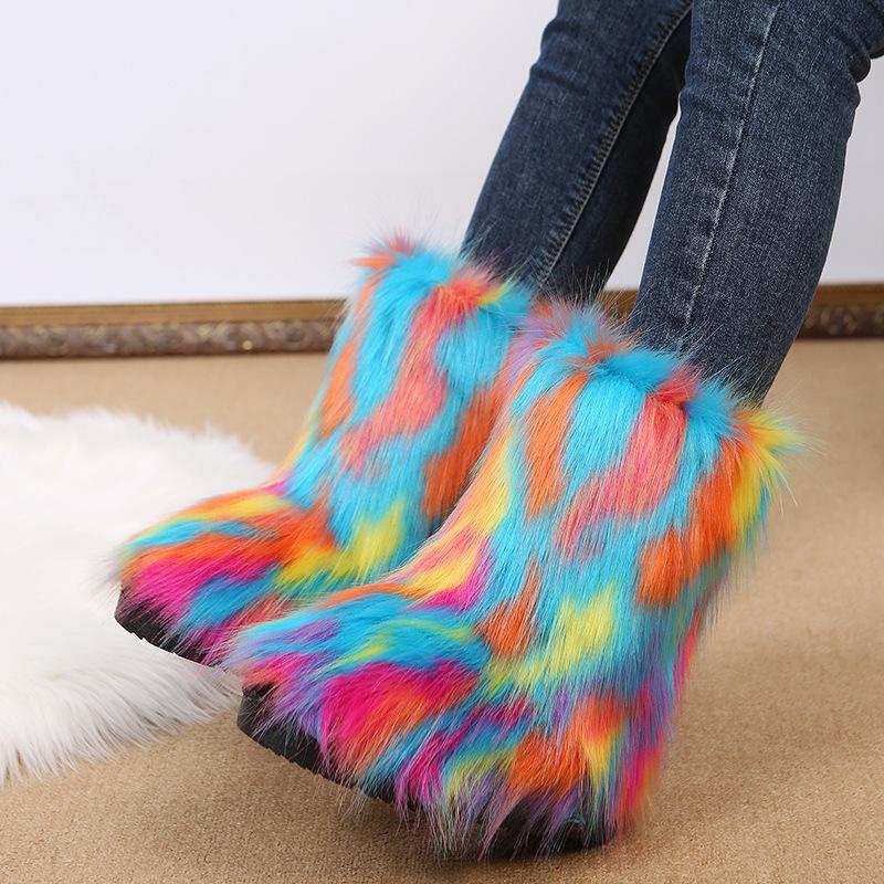 Wind European and American new color plush medium tube snow boots large size fluffy boots