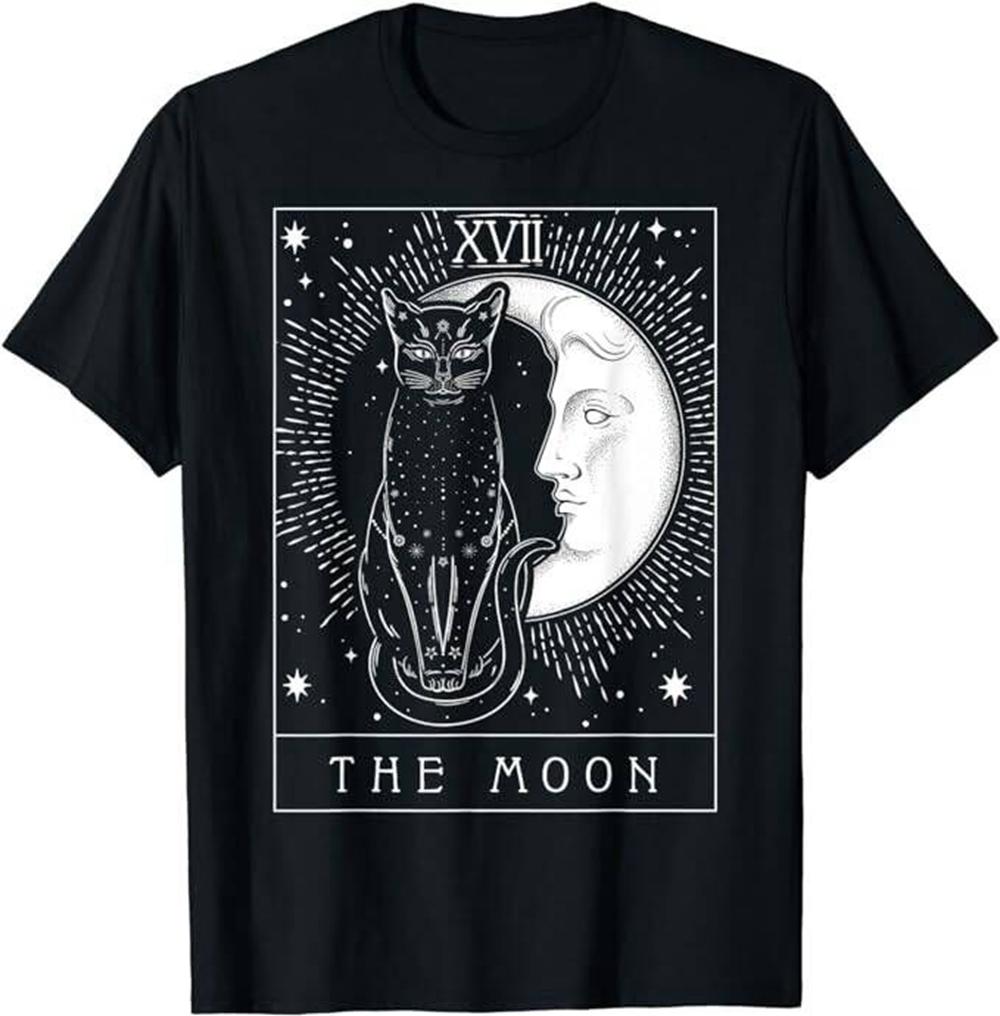New Fashion Tarot Card Crescent Moon And Cat Graphic T-Shirt 100% Cotton Hip Hop Streetwear Tops Tops Tees Men's Clothing 43007