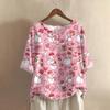 Women's Fashionable And Casual Shirt Half-sleeve Round Neck Print Cotton And Linen Blouse Top