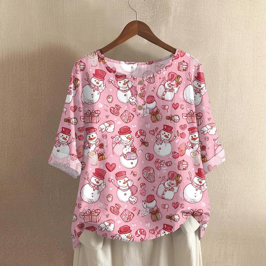 Women's Fashionable And Casual Shirt Half-sleeve Round Neck Print Cotton And Linen Blouse Top