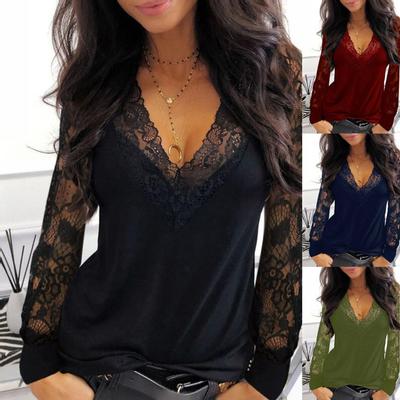 Moda Kadın Günlük Üstler Sonbahar Dantel Dantel Ekleme V Yaka Şeffaf Uzun Kollu Tişört Bayanlar için Rahat ve Çok Yönlü Tişört