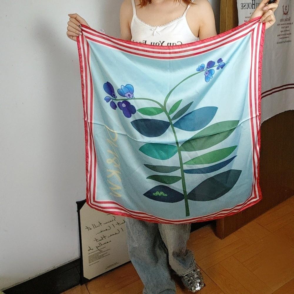 Breathable Flower Printed Scarf Satin Fabric Bandana Head Scarf Square Headband  Women's Accessory