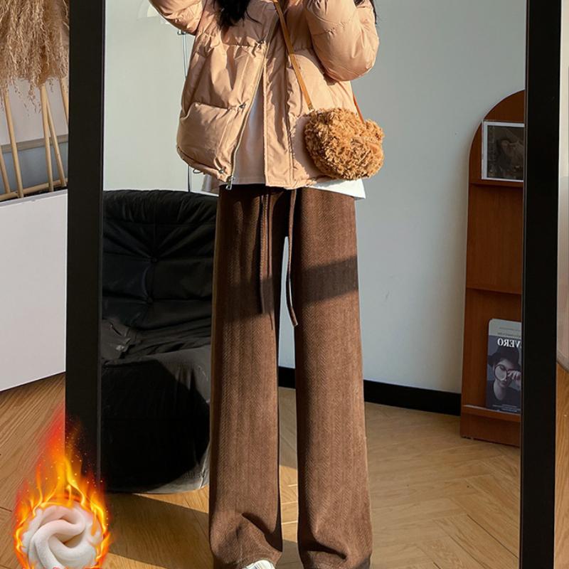 Herringbone Chenille Wide-leg Pants for Women's Autumn and Winter New Style Plush Pants for Slimming Loose Casual High-waist Straight-leg Pants