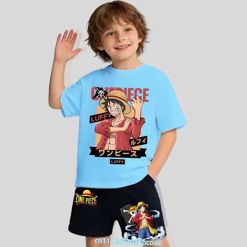 Children's Polyester Short-sleeved Shorts Set with "One Piece" Cartoon Print Boy's Sports Shirt for Summer T-shirt Set of 2 Pieces