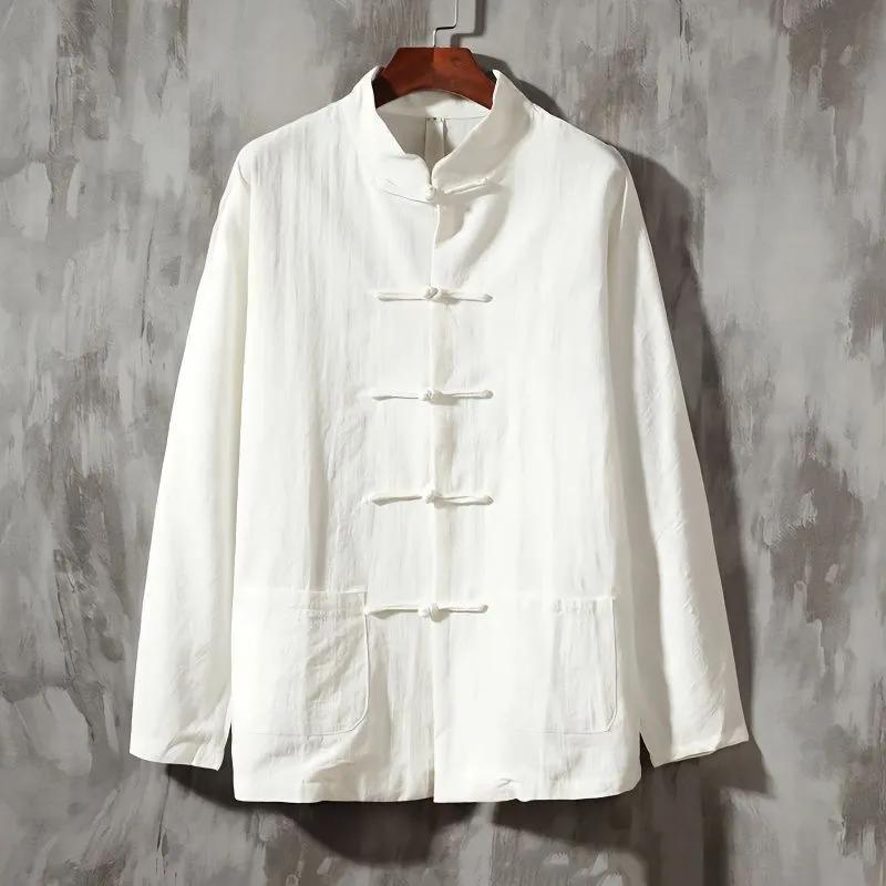 Men's Thin Long-sleeved Chinese Style Shirt Solid Color Stand-up Collar Retro Casual Tang Suit