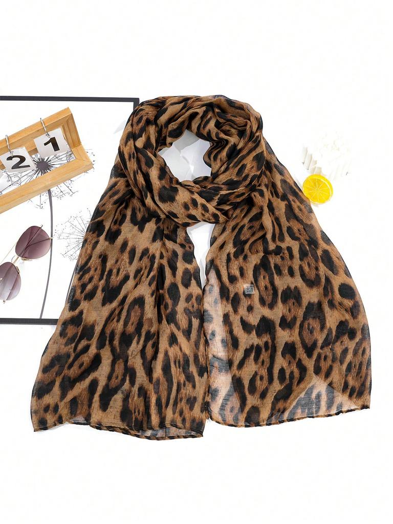 Boho 1Pc Fashionable Leopard Print Batik-Style Soft Lightweight Women'S Scarf Shawl Suitable For Daily Commuting & Outdoor Wear