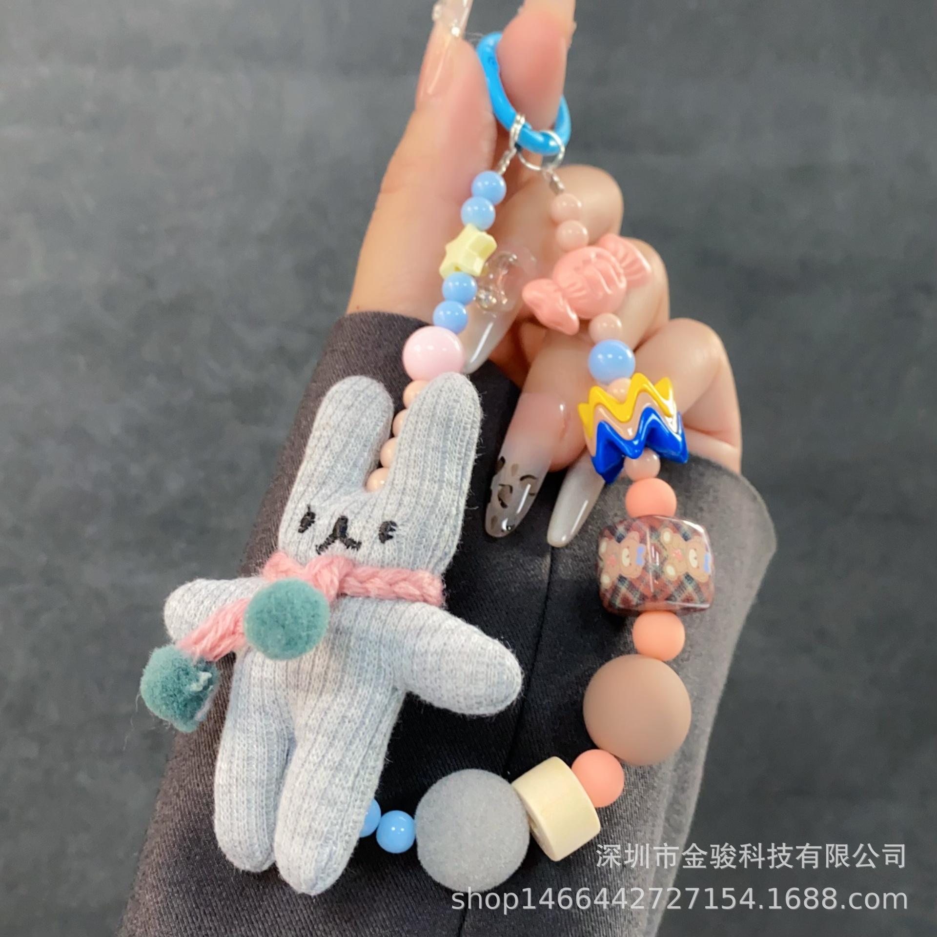 

Cute Cartoon Rabbit Plush Phone Chain Handmade Beaded 3D Candy Phone Case Strap Adorable Keychain Pendant сірий колір