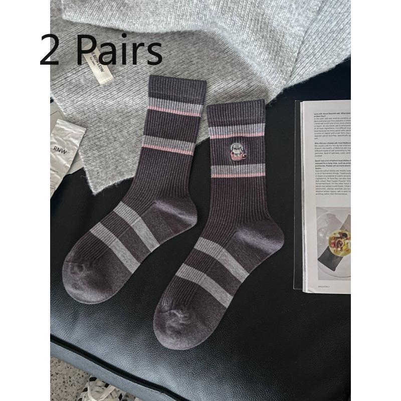 2 Pairs of Mid-calf Socks - Women's Fall/winter Imitation Cashmere Socks - Women's Striped Fashionable Embroidered Sausage Dog Pile Socks - Long Socks