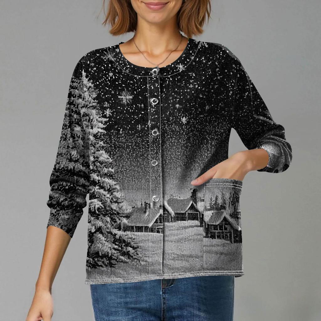 Women's Casual Long-Sleeved Single-Breasted Christmas-Themed Print  Cardigan