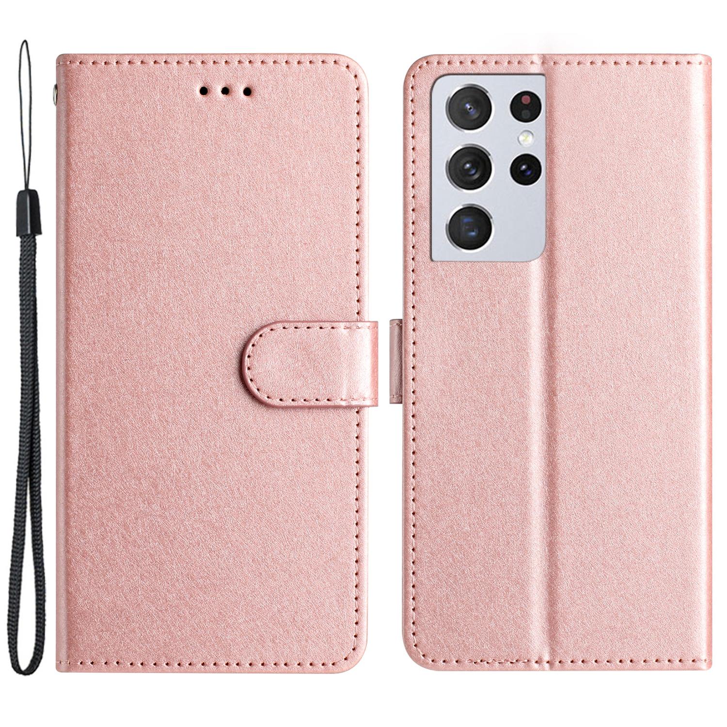 

Impact Resistant Case for Samsung Galaxy S21 Ultra 5G Silk Texture Leather Wallet Stand Shell with Hand Strap Rose Gold