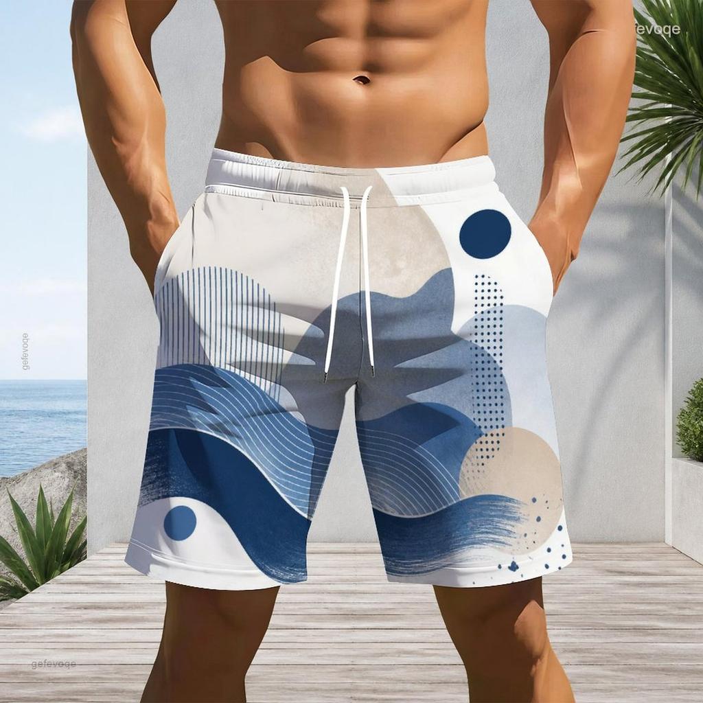 Men s Plus Size Abstract Printed Beach Shorts Drawstring Waist Side Pockets Straight Leg