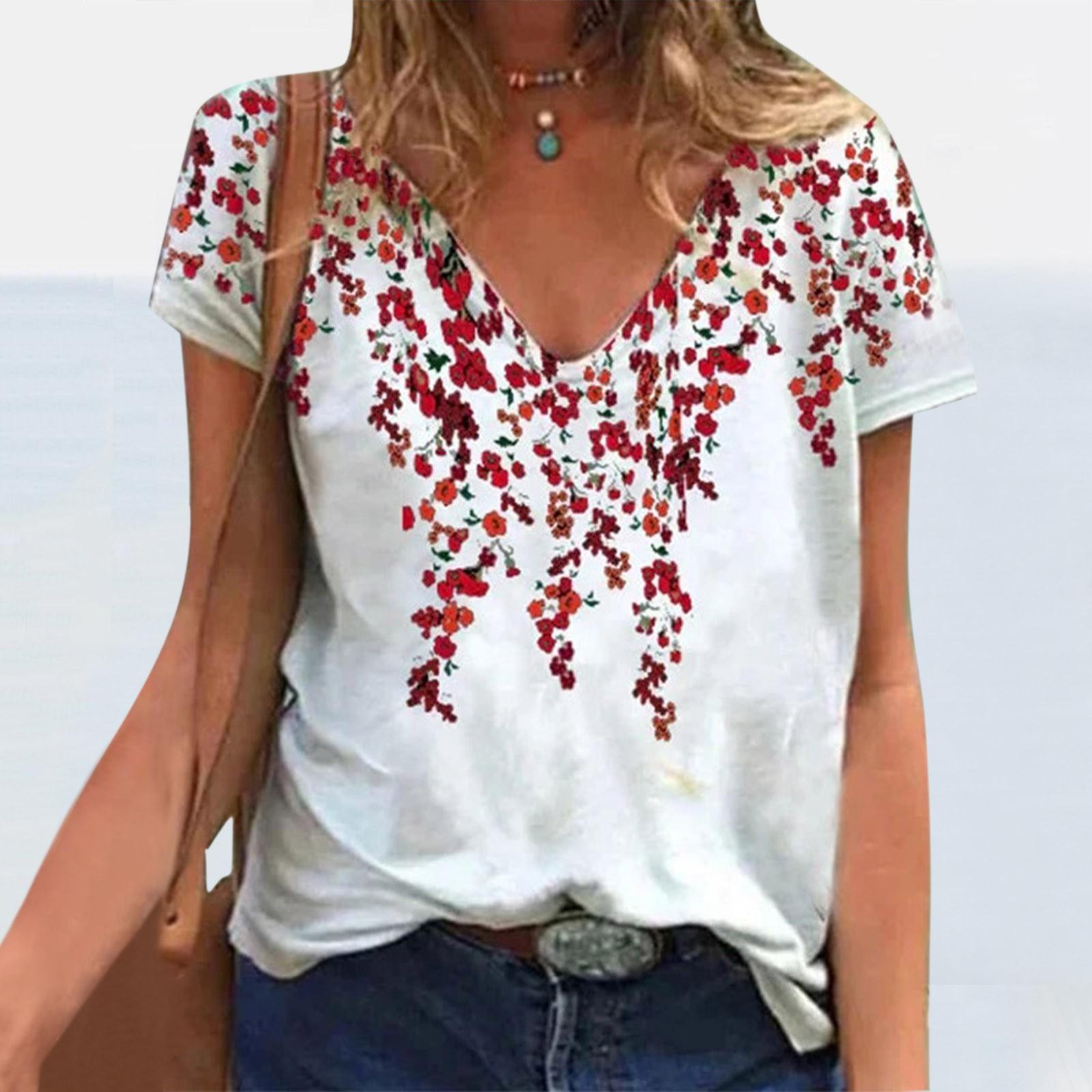 

Женская футболка с v-образным вырезом и короткими рукавами с цветочным принтом S