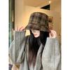 Women S Plaid Bucket Hat Double Sided Foldable Sun Protection Large Head Size Korean Style