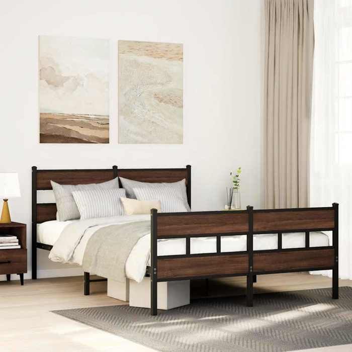 VidaXL Metal Bed Frames Without Mattress Brown Oak 160x200 Cm, Double Bed, Bedroom Furniture, Guest Bed, 3308477
