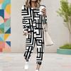 Women Plus Size Abstract Printed Round Neck Long Sleeve Cuffed Top And Pants Two Piece Set With Pockets