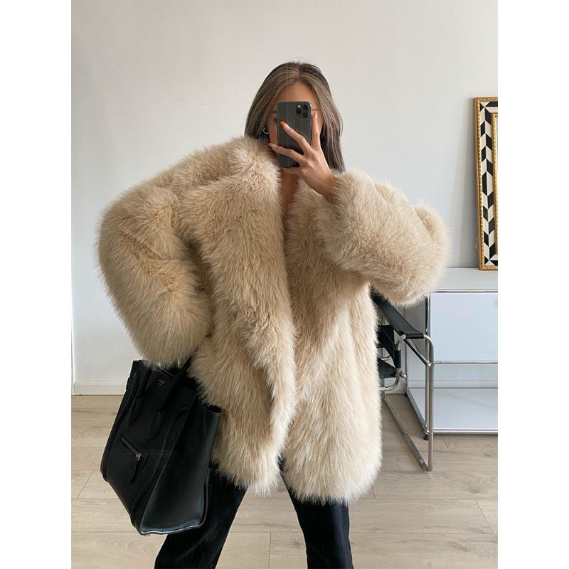 

Kintoka пальто из искусственного лисьего меха женское средней длины темпераментное с большим лацканом свободное плюшевое пальто L хаки
