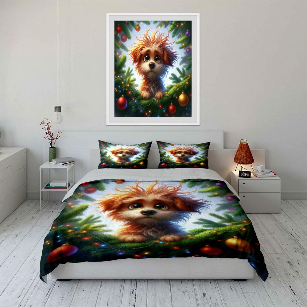 Adorable Christmas Puppy Decor Bedding Duvet Cover Set  (1*Duvet Cover 2*Pillowcases, Without Duvet Insert)