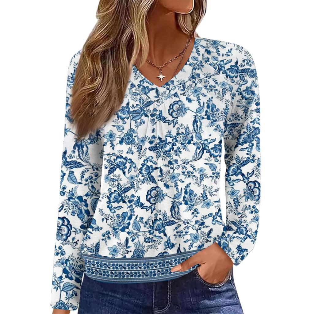 Damen Casual Mode V-Ausschnitt Raglan Plissee Floralprint Langarm Top