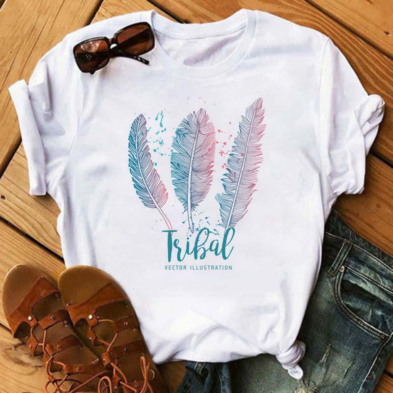Fashion Women T Shirt Funny Butterfly Feather Print Tshirt T Shirt Summer Short Sleeve Tops Tee Female Feather T-shirts