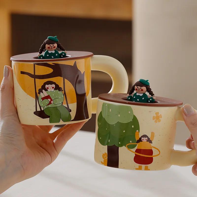 Retro Cartoon Ceramic Mug Ceramics Espresso Cup High-looking With Lid Mug for Coffee Creativity Personalized Gift Teaware Cafes