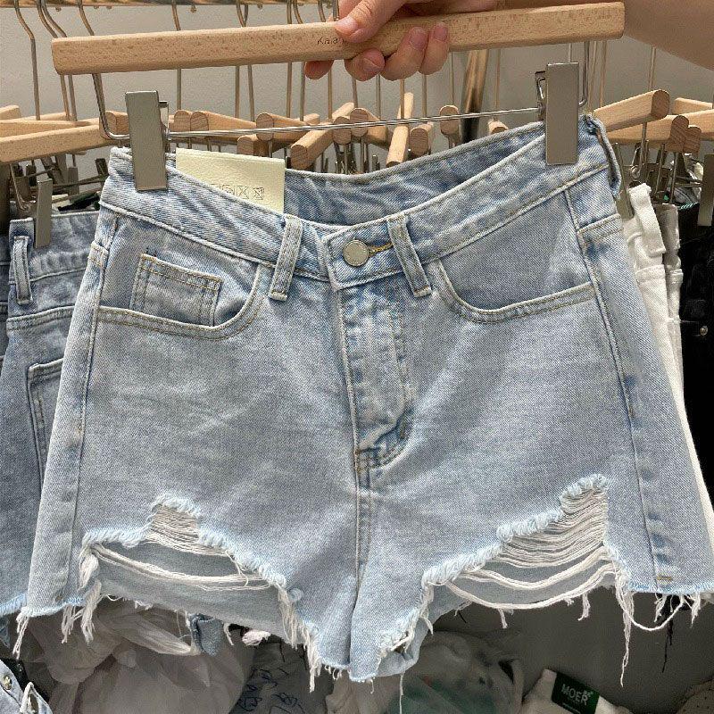 Women's Plus Size Frayed Denim Shorts - Loose Korean A-line Style, Ripped, Ideal for Summer