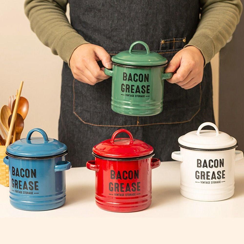 Decorative Enamel Grease Container with Enamel Ears Seasoning Tanks Porcelain Oil Tank Restaurant