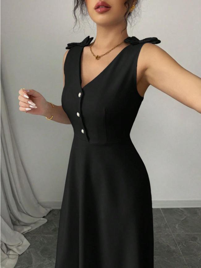 2025 Spring/Summer Blue Sleeveless Midi Dress with Bow and Button Waist