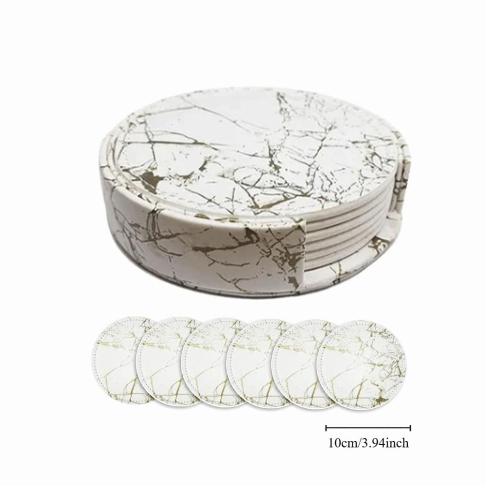7Pcs Waterproof PU Leather Coaster Double-sided Marble Pattern Placemat 10cm Round Heat Insulation Pad Hotel