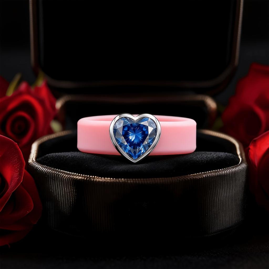 Pink Silicone Ring with Heart-Shaped Blue CZ,Safe Durable Band Comfortable & Stylish Statement Jewelry for Women