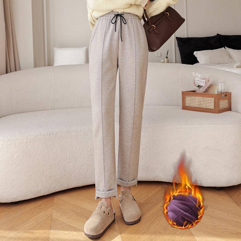 

Autumn Winter Elastic Waist Loose Casual Solid Color Harem Pants Women Drawstring Velvet Warm Trousers M