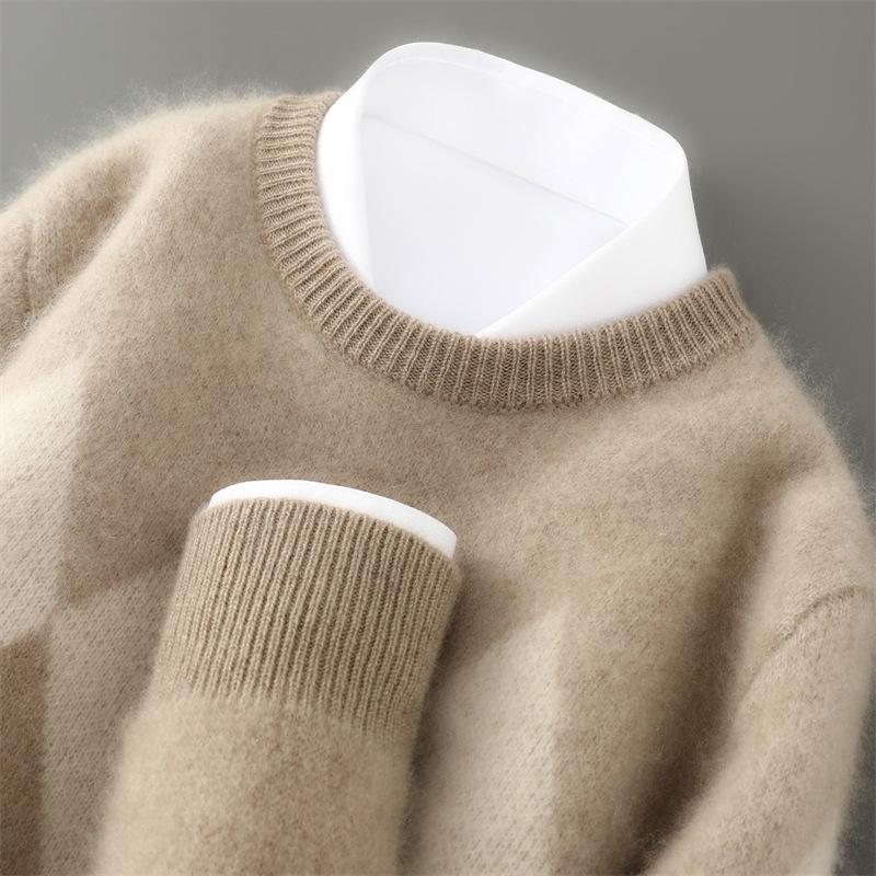 Men's Retro Diamond Pattern 100% Wool Sweater - Thick Knit Round Neck Pullover for Autumn/Winter