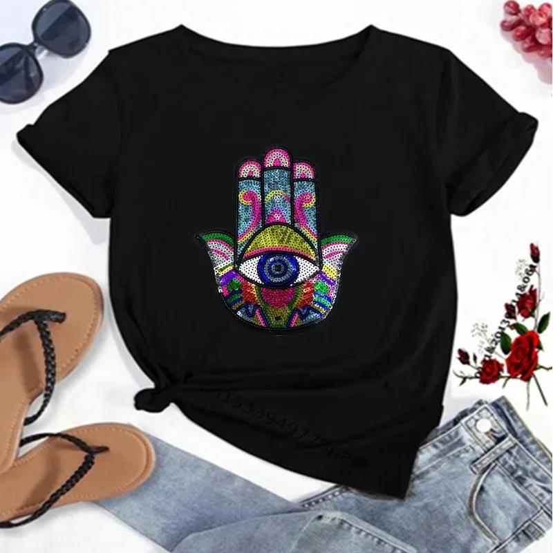 Hamasa Hand der Fatima Print Damen T-Shirts Lucky Hamsa Hand Harajuku Unisex T-Shirts Sommer Kurzarm Schwarzes Top Tees Weiblich