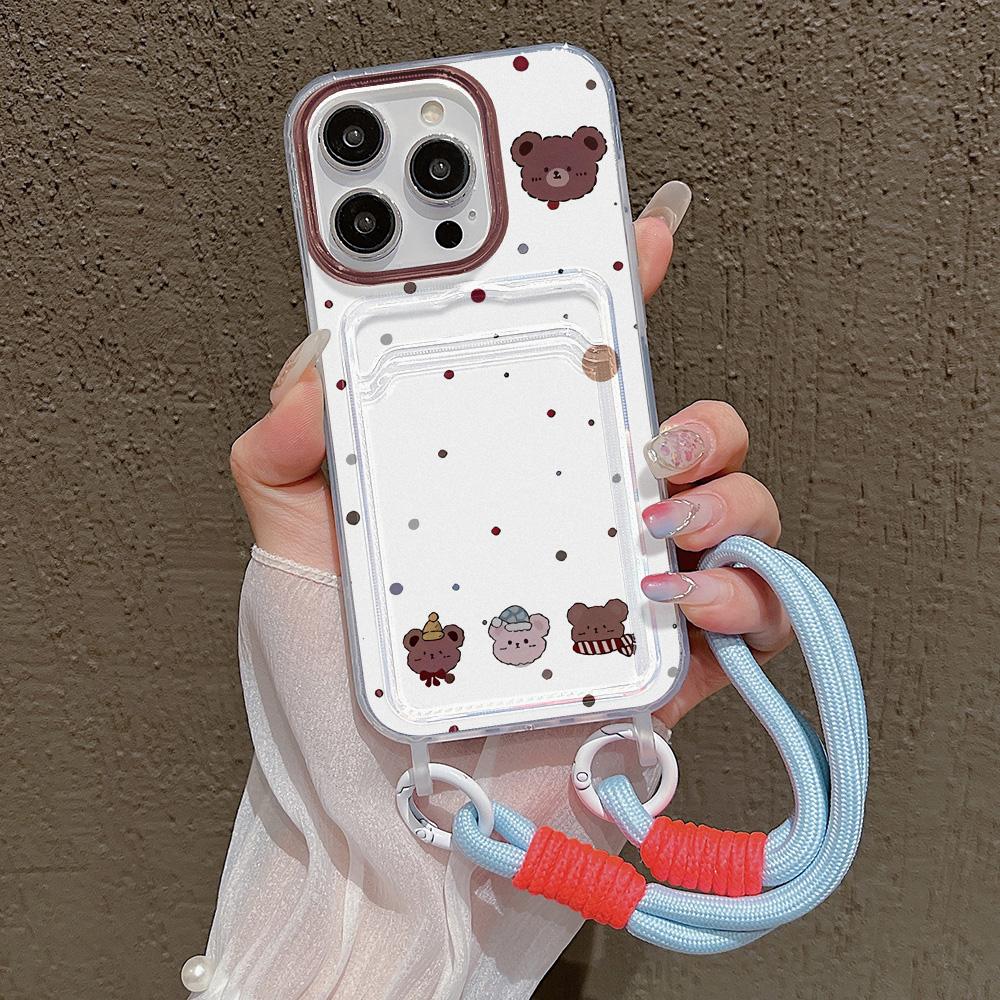 Cute Cartoon Bear Hang Chain Lanyard Phone Case For iPhone 13 11 12 14 15 16 Pro Max 7 8 Plus XR XS X SE  Card Holder Cover
