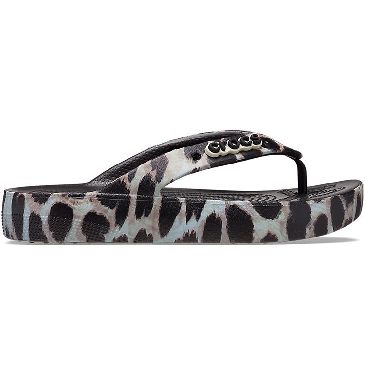 Crocs Classic Cloud Flip Flops Women Footwear Black Leopard-Print 207845-0CU